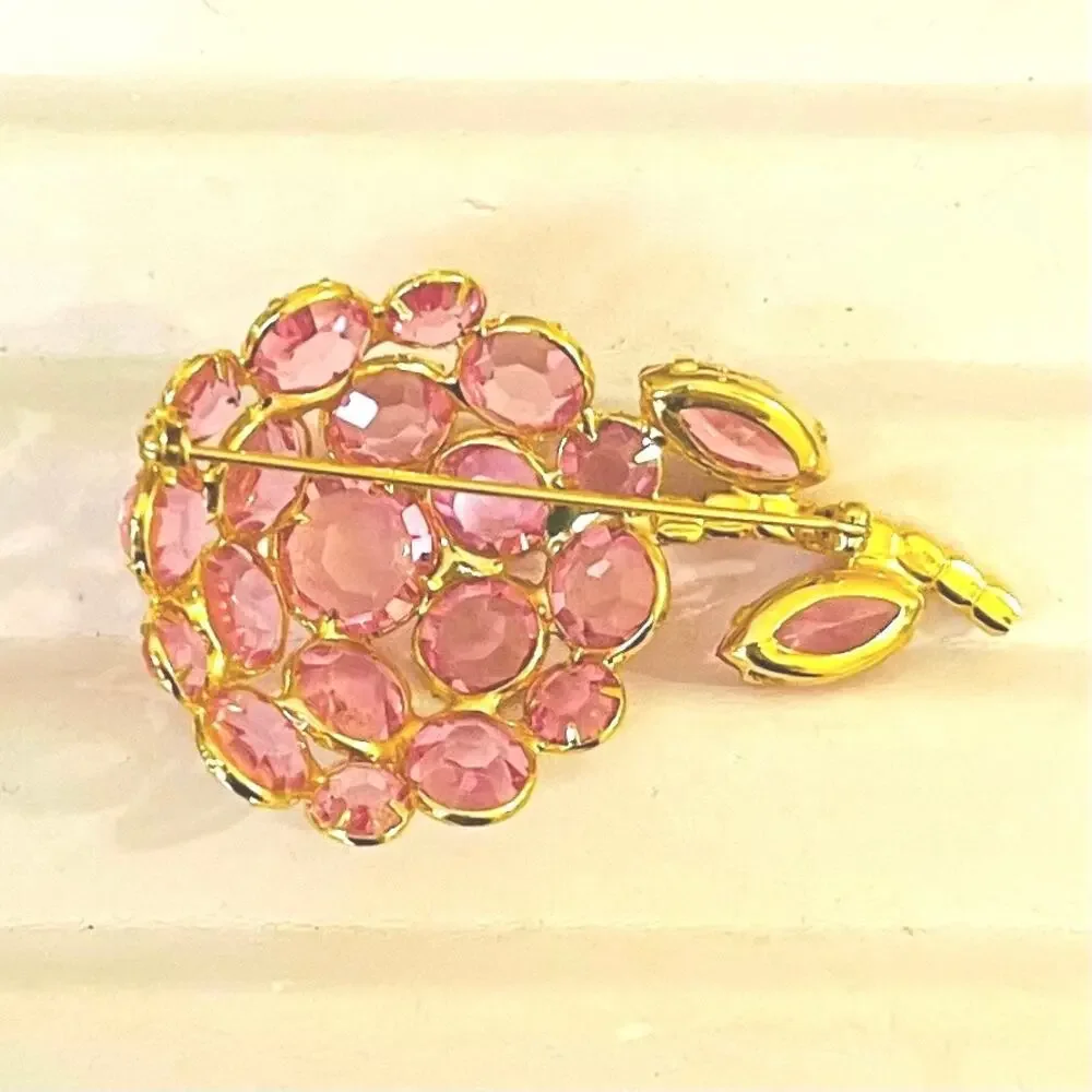 Vtg 60s Juliana DeLizza Elster Pink Rhinestone Flower Brooch Pin Original Box